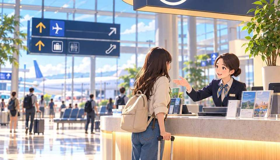 공항 안내 데스크에서 직원과 대화하는 여행자
