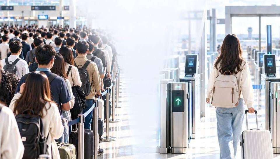 긴 출국 대기 줄과 스마트패스 게이트를 통과하는 여행자 비교