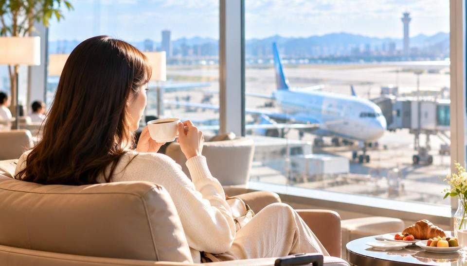 공항 라운지에서 활주로를 보며 커피를 마시는 여행자