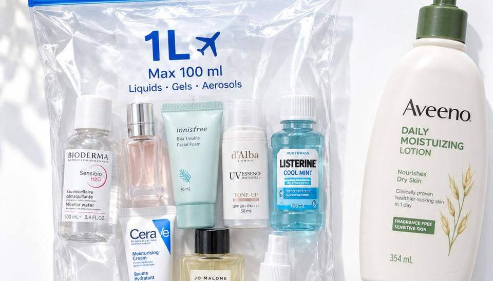 100ml 이하 용기들이 담긴 1L 투명 지퍼백과 대용량 로션