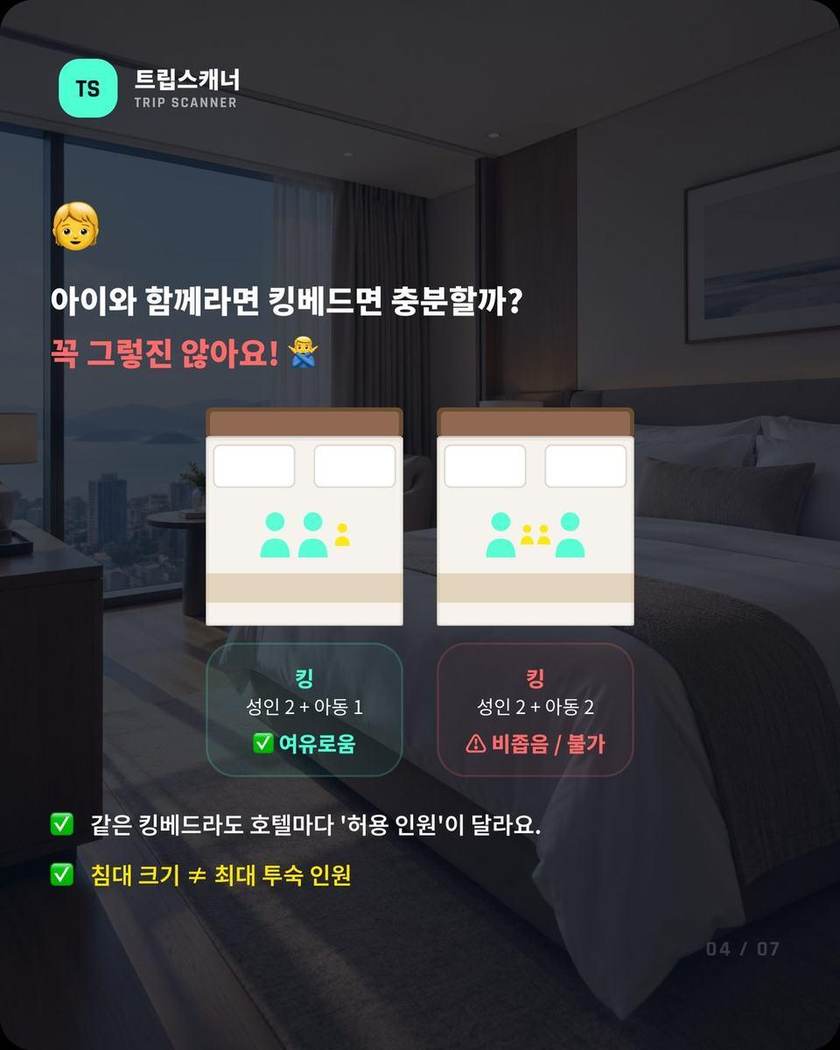 킹베드 성인2+아동1은 여유, 성인2+아동2는 비좁거나 불가