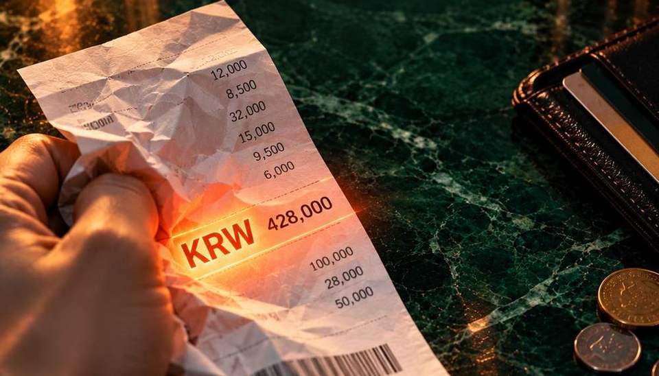 KRW 금액이 강조된 해외 결제 영수증을 구기는 손