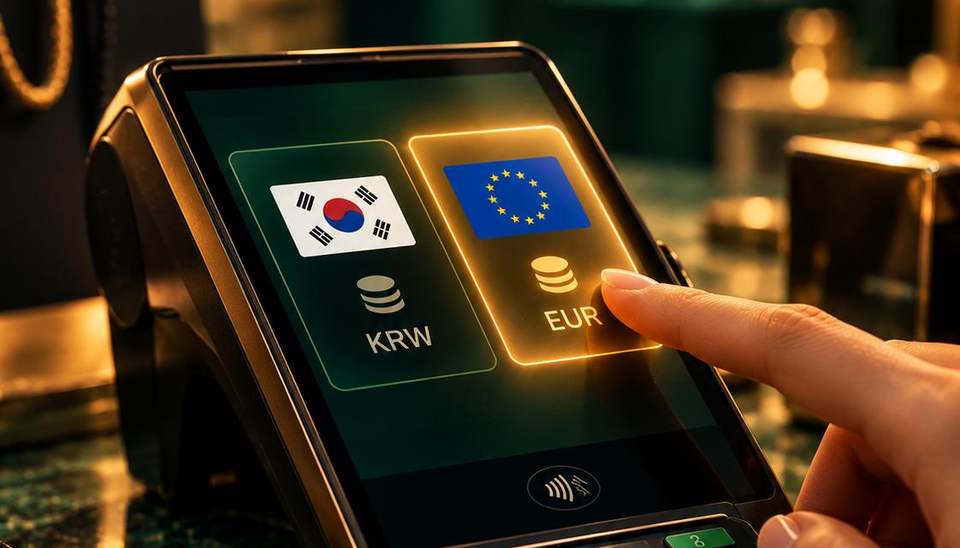 결제 단말기 화면에서 KRW와 EUR 중 EUR를 누르는 손