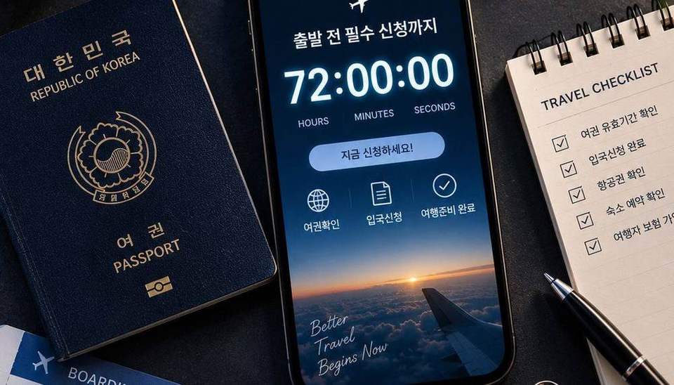 여권과 출발 전 신청 마감 카운트다운이 표시된 휴대폰, 여행 체크리스트