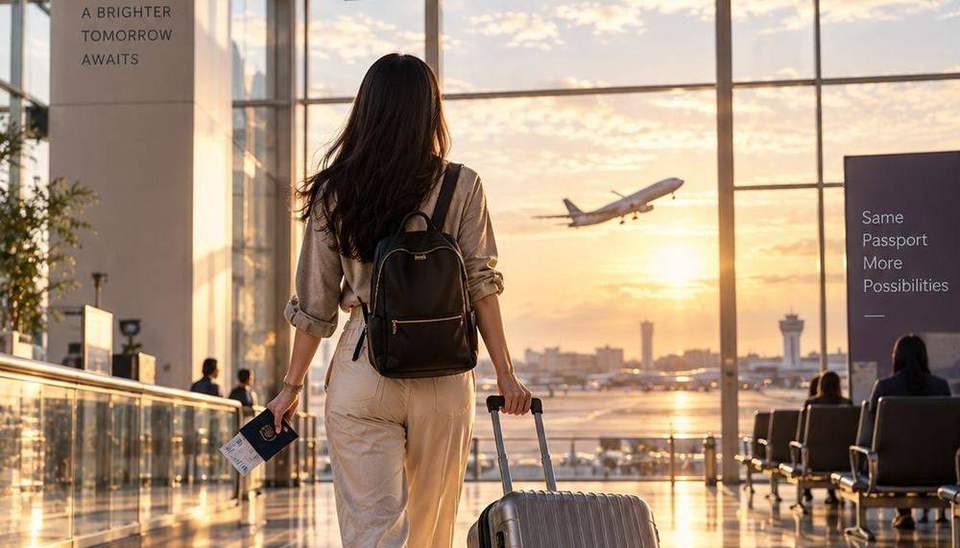 이른 아침 공항 출국장에서 여권을 들고 탑승구로 향하는 여행자