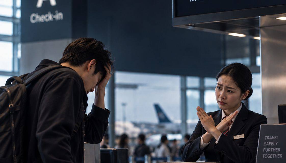 공항 체크인 카운터에서 탑승 거부 안내를 받는 여행자