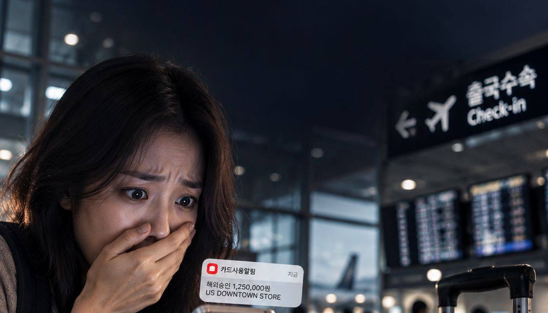 공항에서 고액 해외 카드 결제 알림을 확인하고 놀란 여행자