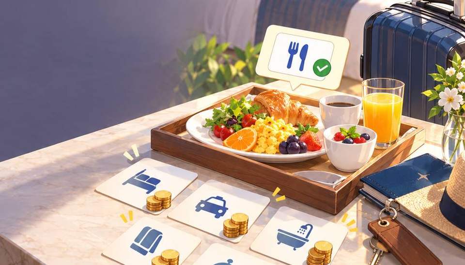 조식 트레이 옆에 놓인 여러 추가비용 카드와 동전