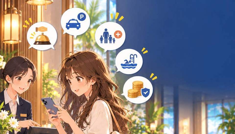 호텔 프런트에서 주차·추가 인원·수영장·보증금 비용을 확인하는 모습