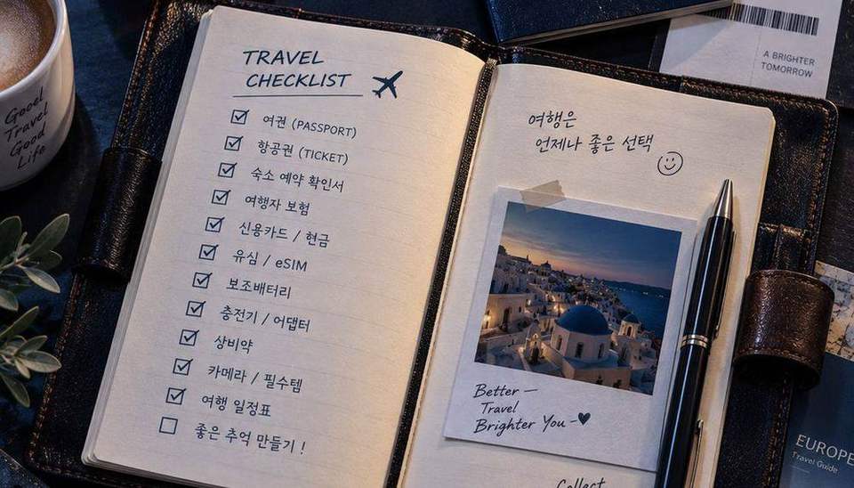 여행 체크리스트 노트와 여권, 항공권