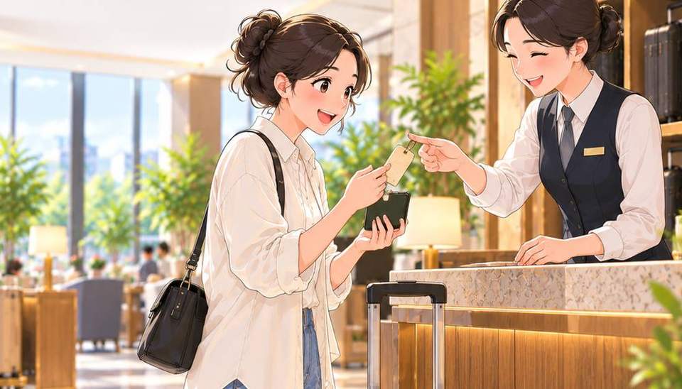 직원에게 짐 보관 번호표를 받는 여행자