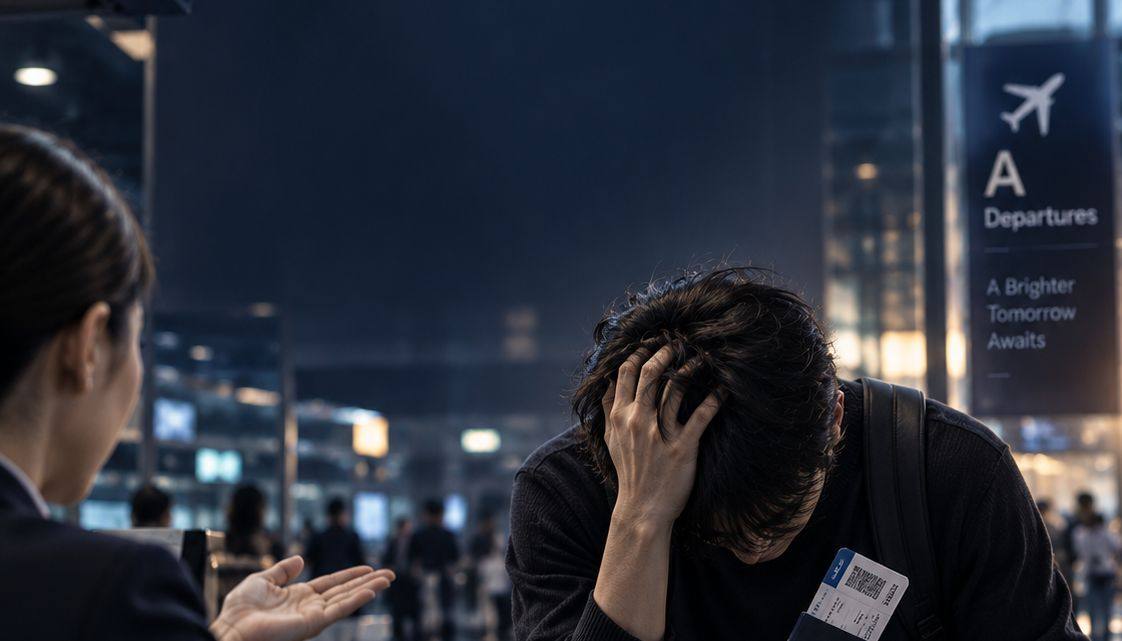 체크인 카운터에서 머리를 감싸 쥔 여행자와 안내하는 직원