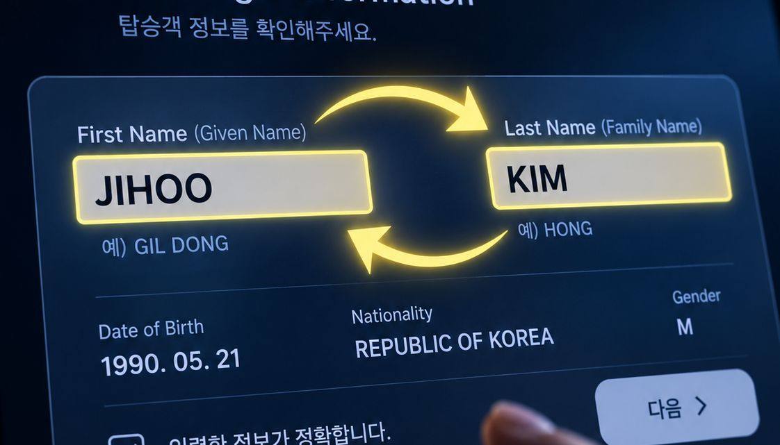 예약 화면에서 성과 이름이 뒤바뀐 채 입력된 모습