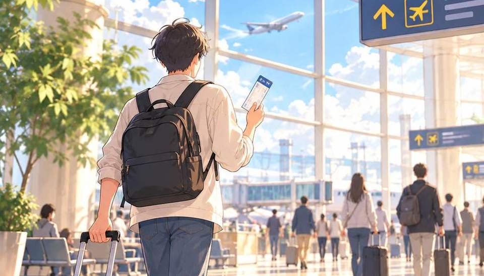 공항 출국장을 걸어가는 여행자