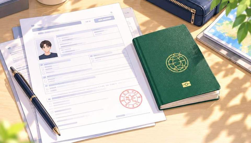여권과 신청서, 증명사진이 놓인 책상