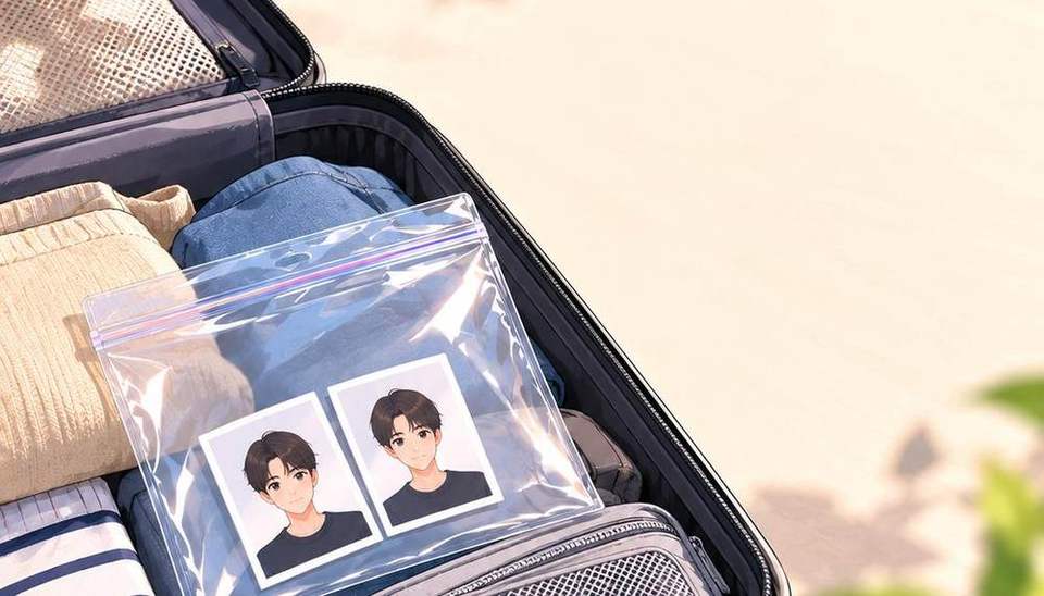 캐리어 속 지퍼백에 담긴 여권용 증명사진 2장