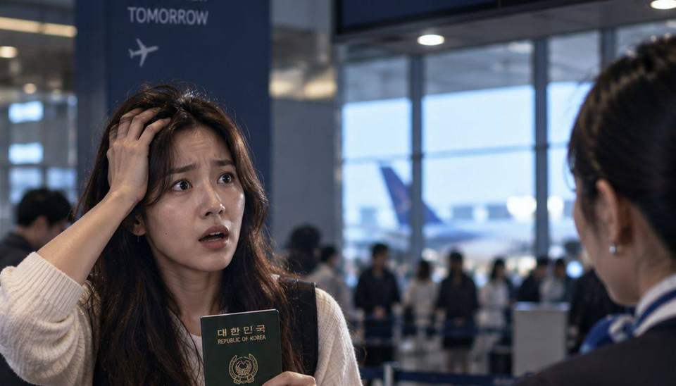 체크인 카운터에서 여권을 들고 당황하는 여행자