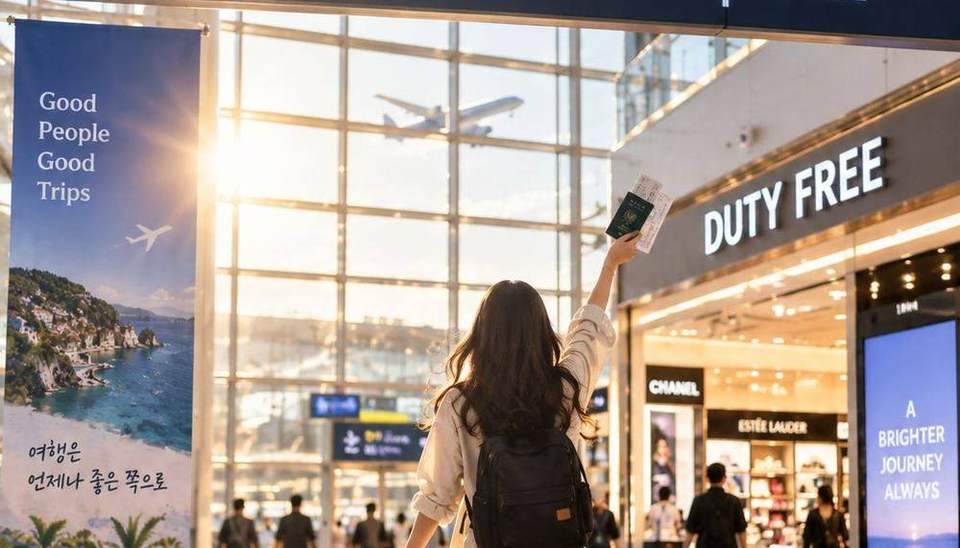 공항 출국장에서 여권과 티켓을 들어 보이는 여행자