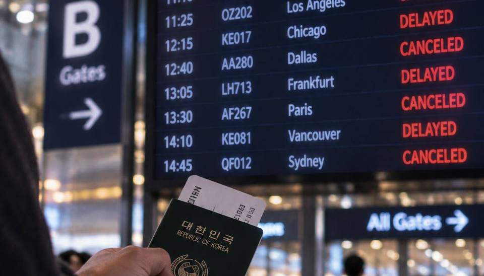 공항 전광판에 취소·지연이 뜬 상황에서 여권과 티켓을 든 손