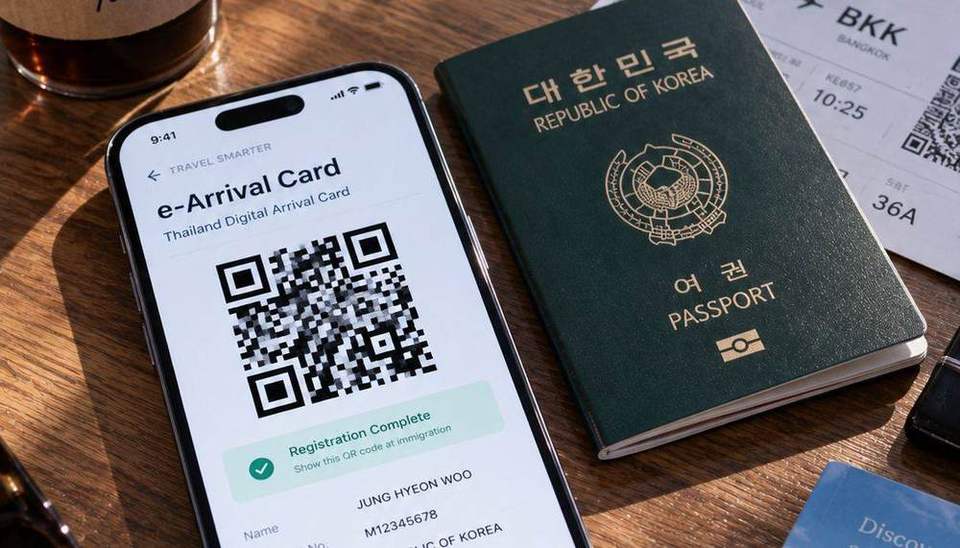 태국 전자입국카드 QR코드가 뜬 휴대폰과 여권, 인천-방콕 탑승권