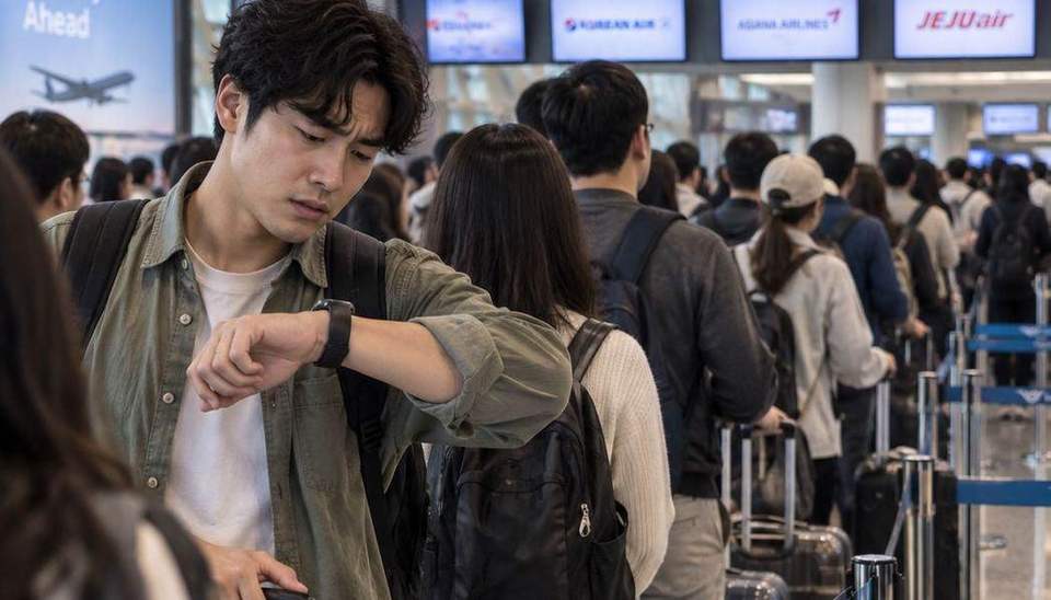 공항 체크인 카운터의 긴 대기줄