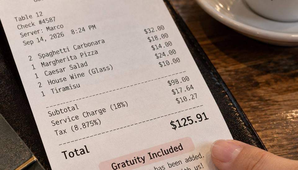 이탈리안 레스토랑 영수증에 표시된 Gratuity Included 배지